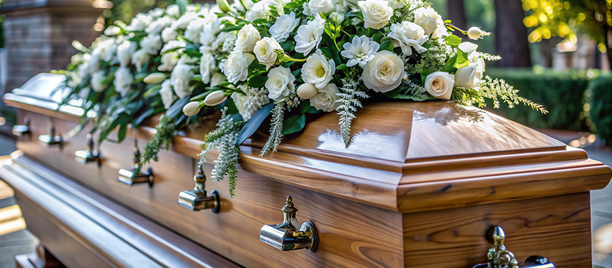 Wrongful Death accident claim, wooden casket with white roses